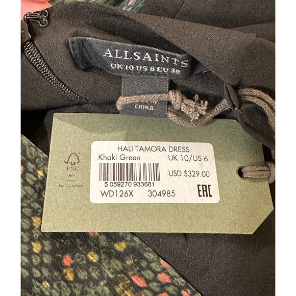 Allsaints Hali Tamora Snake Print Mini Dress Khaki Green Sz 6 NWT Ruffles Lined - Picture 4 of 16